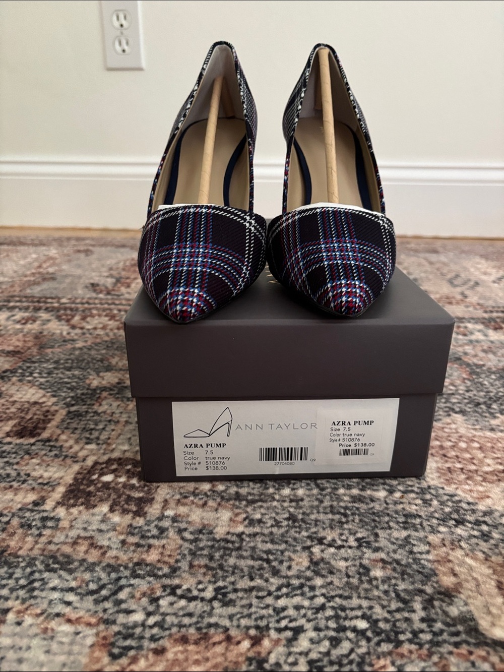 Ann Taylor Azra Plaid Pointed Toe Pump in Navy and Pink Accent